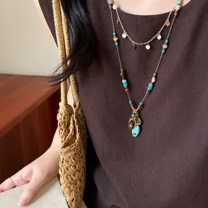 Collier Perlé de Style Ethnique Vintage pour Femmes Alliage de Cuivre Pierre Artificielle Pendentif Ovale Chaîne de Clavicule Bohème Bijoux de Vacances