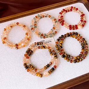 Bracelet Ethnique en Pierre d'Oeil de Tigre pour Femme Mode Perles en Cristal Naturel et Verre Bijou de Main Superposé