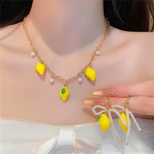 Fresh Lemon Pendant Artificial Pearl Jewelry Set Sweet Summer Style Alloy Copper Resin Earrings Necklace For Women Elegant Accessories