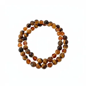 Bracelet perles en œil de tigre à double rangée minimaliste avec accents ambrés facettés