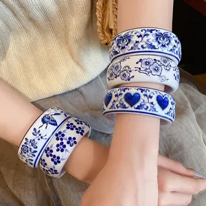 Elegant new Chinese style blue and white porcelain resin bangles with heart and floral patterns