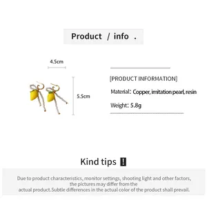 Detailed product specifications for lemon pearl drop earrings showing dimensions and materials.