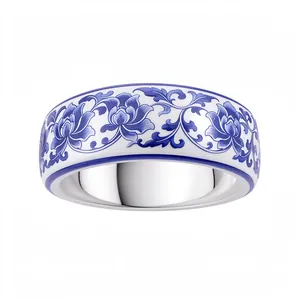 Elegant blue and white porcelain style resin ring with floral patterns