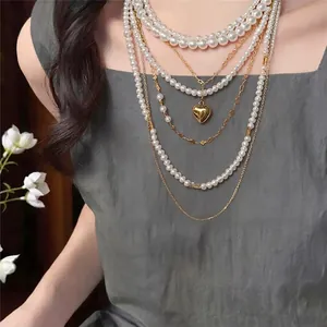 Französischer Stil Mehrlagige Künstliche Perlenkette Für Damen Gold Herzanhänger Elegantes Nischendesign Schlüsselbeinkette Schmuck Geschenk