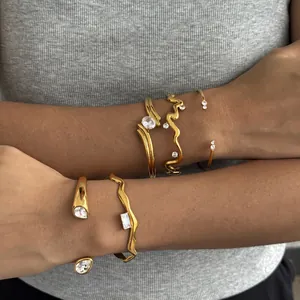 18K Gold Plated Stainless Steel Zirconia Open Cuff Bangle For Women Irregular Stacking Waterproof Hypoallergenic Jewelry