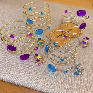 Parures de bras et bagues spirale bohème vintage avec strass violets et bleus pour femme