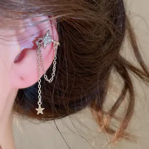 Eleganter Stern-Ohrklemme mit Quasten, silberner Schmuck ohne Ohrloch für Damen.