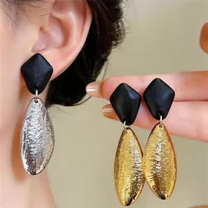 Geometrische Holz Falten Oval Ohrstecker Für Damen Vintage Luxus Schwarz Gold Silber Legierung Hänger Ohrringe Schmuck Geschenk
