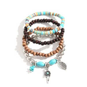 Bohemian 6-delige kralenarmbandenset met hout, hars en bliksem- en bladbedels