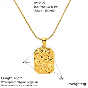 Detail view of 18k gold plated hammered square pendant necklace with dimensions
