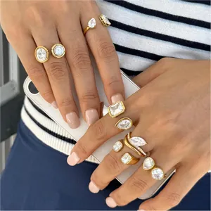18K Gold Plated Stainless Steel Zirconia Ring Set For Women Classic Geometric Open Adjustable Rings Fashion Jewelry Gift