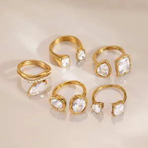 Detailed view of 18k gold plated stainless steel ring set with zircon stones