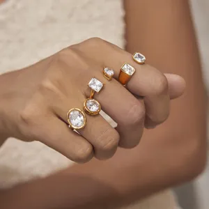 Close-up view of 18k gold plated stainless steel rings with sparkling zircon stones