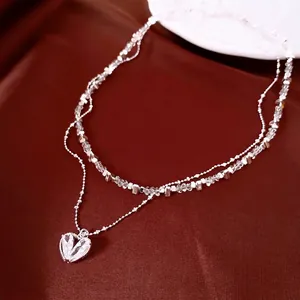 Collier Pendentif Coeur Double Couche pour Femmes Chaîne de Clavicule Plaqué Argent Avec Perles de Verre et Zirconia