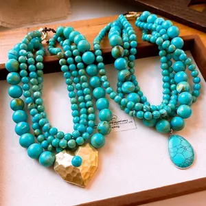 Boheems Gelaagd Waskoord Acryl Steen Kralen Hart Druppel Hanger Halsketting Voor Dames Verguld OT Sluiting Vintage Mode Sieraden