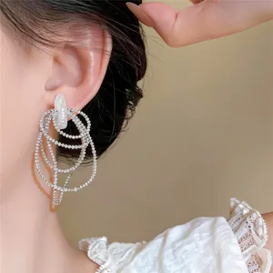 Nahaufnahme von mehrlagigen Kristall-Ohrhängern am Ohr eines Models, eleganter Modestil