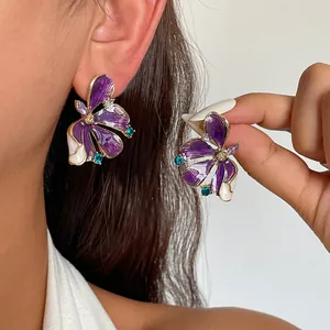 European Holiday Style Enamel Flower Stud Earrings For Women Rhinestone Inlaid Alloy 925 Sterling Silver Earring Post Light Luxury Jewelry