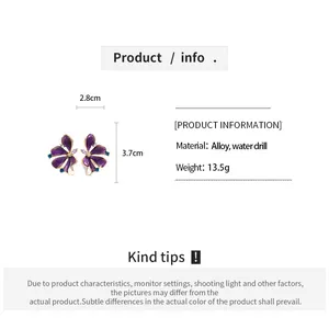 Detail view of purple dripping oil flower earrings with dimensions and material specs.