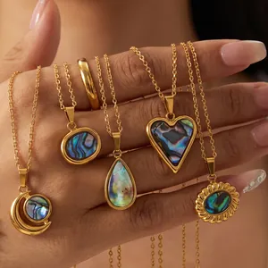 Collier Pendentif en Acier Inoxydable pour Femmes Coquille d'Abalone Naturelle Cœur Goutte d'Eau Soleil Or Plaqué Bijoux Élégants Cadeau