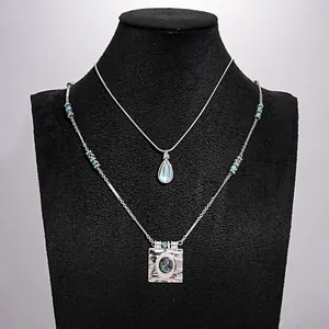 Vue détaillée d'un collier en acier inoxydable avec pendentifs en résine goutte et carrés