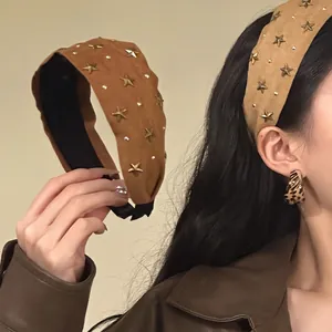 Vintage Ster Bezaaid Stof Haarband Voor Vrouwen Hoge Schedel Top Gewatteerde Brede Haarklem Antislip Suède-Look Retro Haaraccessoires