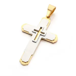 Pendente a croce multistrato in oro e argento acciaio inox spazzolato