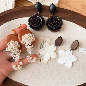 Retro Ethnic Floral Beaded Tassel Earrings Wood Resin Artificial Pearl Silver Earring Post For Women Fashion Jewelry
