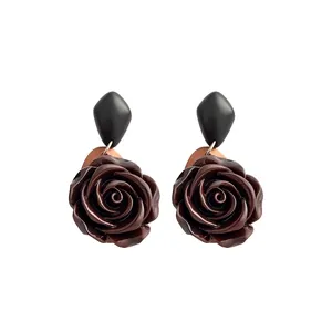 Elegant retro dark brown resin rose flower stud earrings with matte black rhombus studs