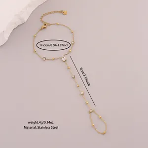 Stainless steel hand chain with white diamond accents and size specifications