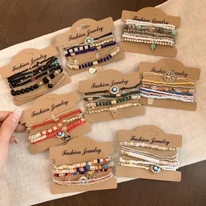 Ensemble de Bracelets Perlés en Verre Émaillé Style Bohème Mauvais Œil Main de Fatma Cœur Multicouche Bijoux de Mode pour Femme