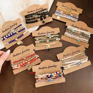 Bracelet bohème en perles avec œil protecteur et breloques cœur, couleurs variées