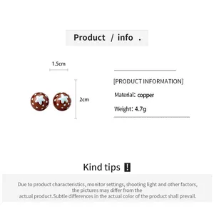 Detailed info of brown polka dot earrings with blue star design and product dimensions