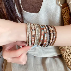 Meerlaagse Leer Strass Armband Voor Vrouwen Vintage Etnisch Boheems Koperen Armband Met Magneetsluiting Sieraden Cadeau