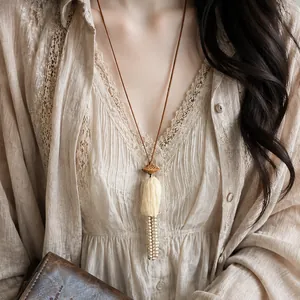 Collier Pendentif Noyau de Fruit Rétro Style Nouveau Chinois Gland de Perles Artificielles Ethnique Chaîne de Chandail pour Femmes Bijoux