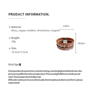 Productinformatiekaart voor een meerlaagse lederen armband met afmetingen en materialen.