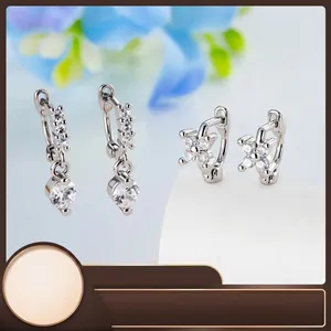 Elegant Copper Zirconia Huggie Hoop Cartilage Earrings Small Flower Pendant Single Stone Earring For Women Jewelry Silver Tone Piercing