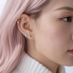 Silver cartilage piercing set with flower stud and diamond pendant ear cuff