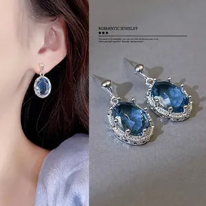 Zilveren Oorsteker Ovaal Blauw Strass Oorknopjes Licht Luxe Geometrische Halo Oorbellen Voor Vrouwen Mode Sieraden Cadeau
