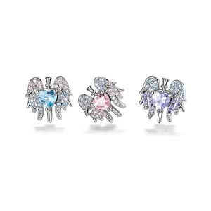 Y2K Sweet Cool Heart Wing Sword Titanium Alloy Ear Bone Stud Piercing Jewelry Full Rhinestone Inlaid Copper Earring For Women