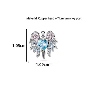 Y2K wing heart cartilage stud earring with blue crystal and titanium post