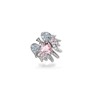 Y2K sweet cool style titanium alloy heart piercing earring with sparkling crystal wings