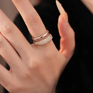Anillo Abierto de Doble Capa de Cobre y Circonia Minimalista para Mujer Moda Anillo Ajustable Geométrico Joyería Regalo