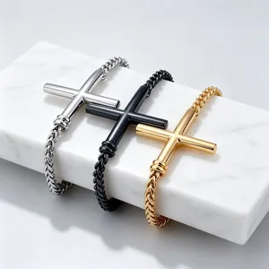 Edelstahl-Armbänder mit horizontalem Kreuz, erhältlich in Silber, Schwarz und Gold.