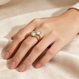 Anillo De Estilo Europeo Y Americano Circonia Acero Inoxidable 316 Chapado En Oro De 14K Anillo Abierto Ajustable Joyería Regalo Para Mujer