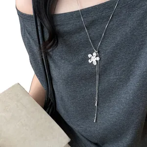 Collier élégant fleur argentée, chaîne en Y ajustable pour femme, accessoire minimaliste