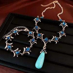 Vintage Legering Strass Bloem Waterdruppel Ketting Armband Oorbellen Set Kunstparel Steen Hanger Sieraden Voor Vrouwen