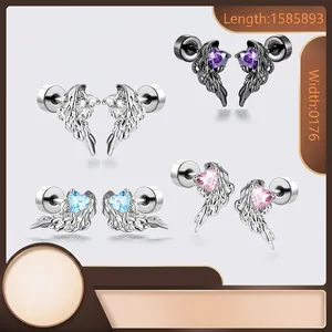 Gothic Dark Style Hart Vleugel Piercing Oorknopje Voor Mannen Vrouwen Titanium Staaf Koper Zirconia Kraakbeen Helix Oorbel Sieraden