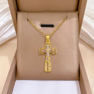 Collana con Pendente a Croce in Acciaio al Titanio Oro per Donna Zirconia Micro-intarsiato Croce Geometrica Collana Gioielli da Banchetto Regalo