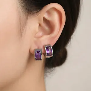 Elegante oorbellen van titaniumstaal met gefacetteerd paars rechthoekig glas kristal dames