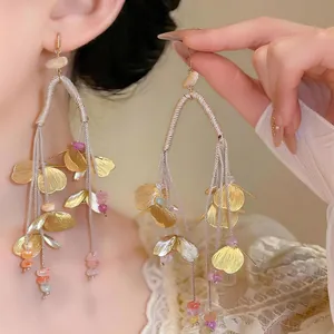 Pendientes Colgantes con Borla de Flor de Estilo Étnico para Mujer Chapados en Oro Cuerda Tejida a Mano Cuentas de Colores Joyas